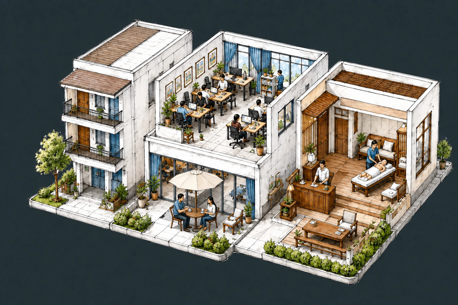 Illustration of a dormitory, office, and massage business